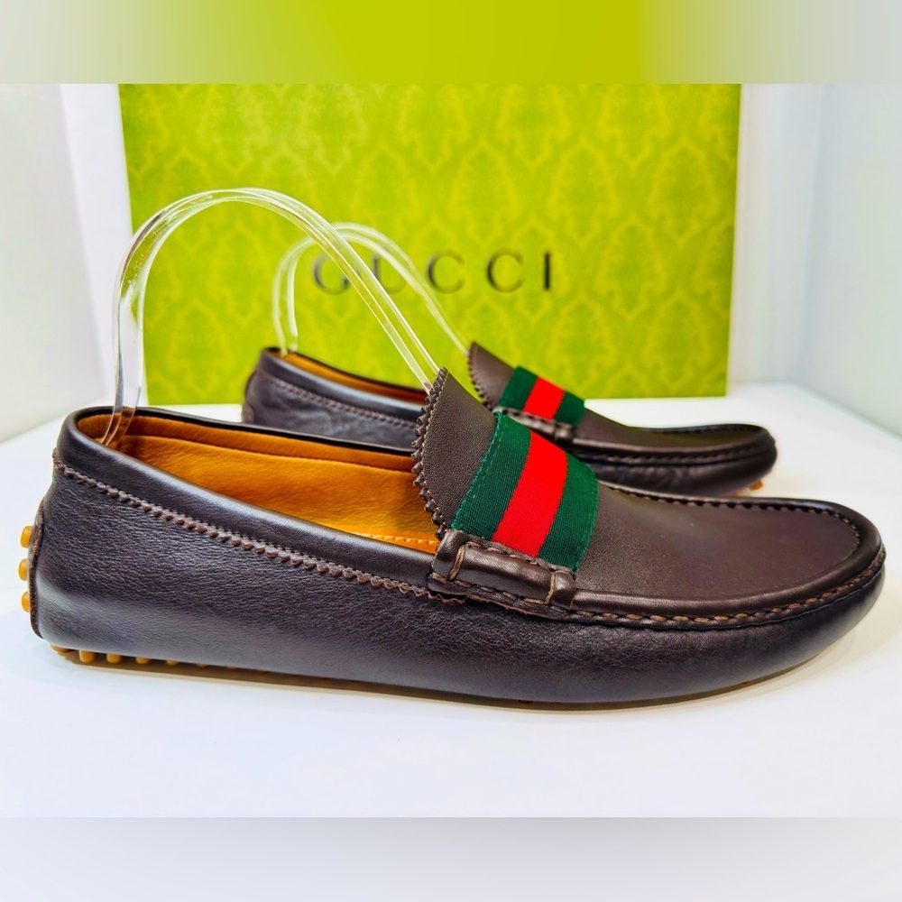Men’s Gucci Web Accent Leather Drivers Moccasin Dark Brown Size 8.5 New no Box! - Picture 7 of 16